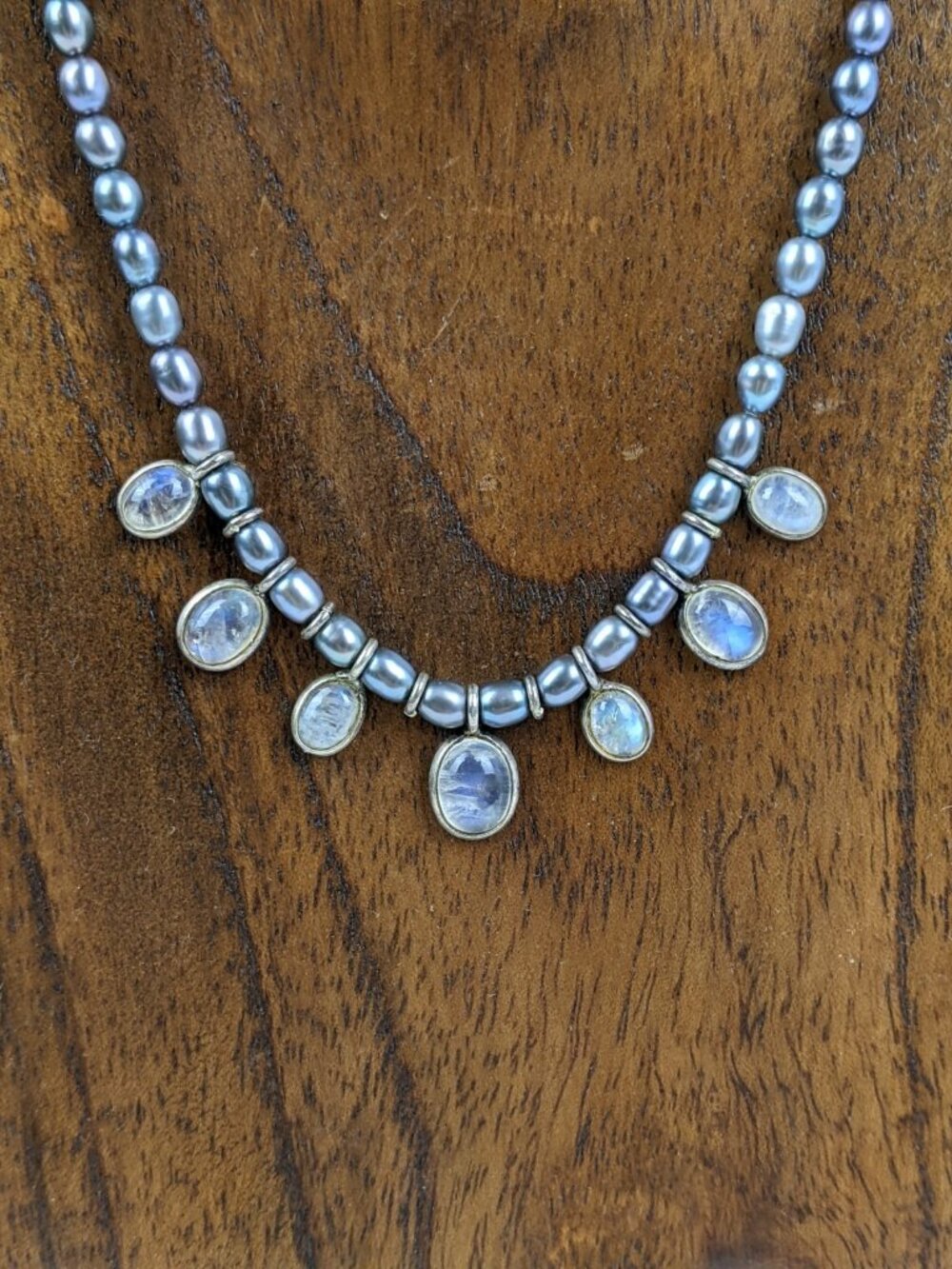 Iridescent Pearl & Moonstone Necklace Statement Vintage Teardrop - Picture 4 of 12
